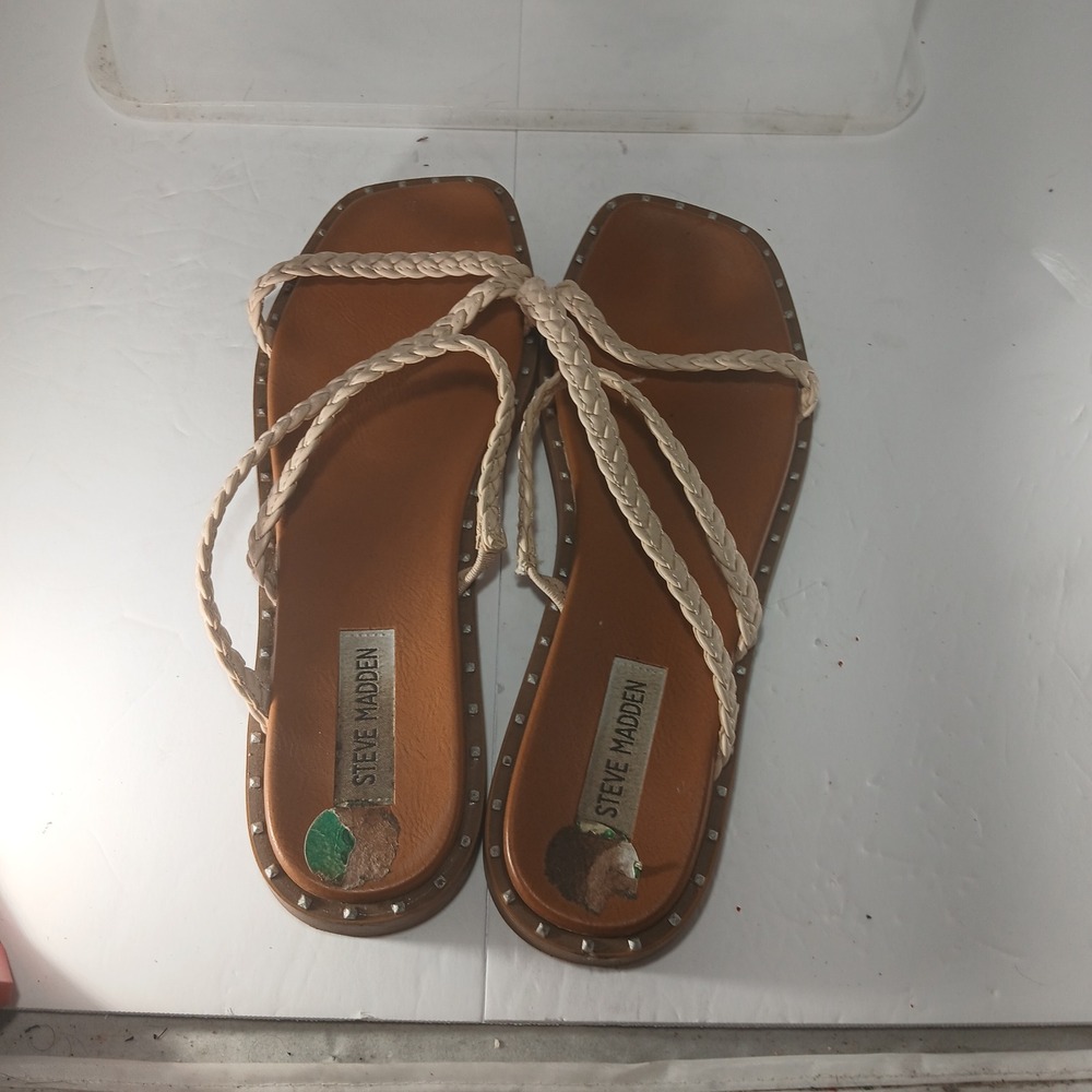 Steve Madden Braided Strappy Sandals 8 Tan Ivory Studded Square Toe Boho Chic - Picture 7 of 9